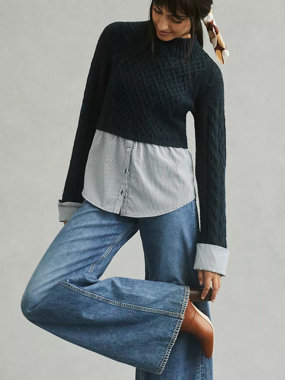 Maeve Anthropologie Cable-Knit Layered Sweater Navy Blue Size Medium